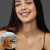 Thumbnail for Personalised Circle Necklace worn by a smiling woman, showcasing a hidden picture of a golden retriever inside the pendant.