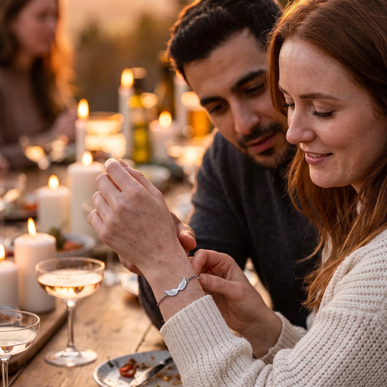 Woman gently touching her silver bracelet | SKU: 42006-silver