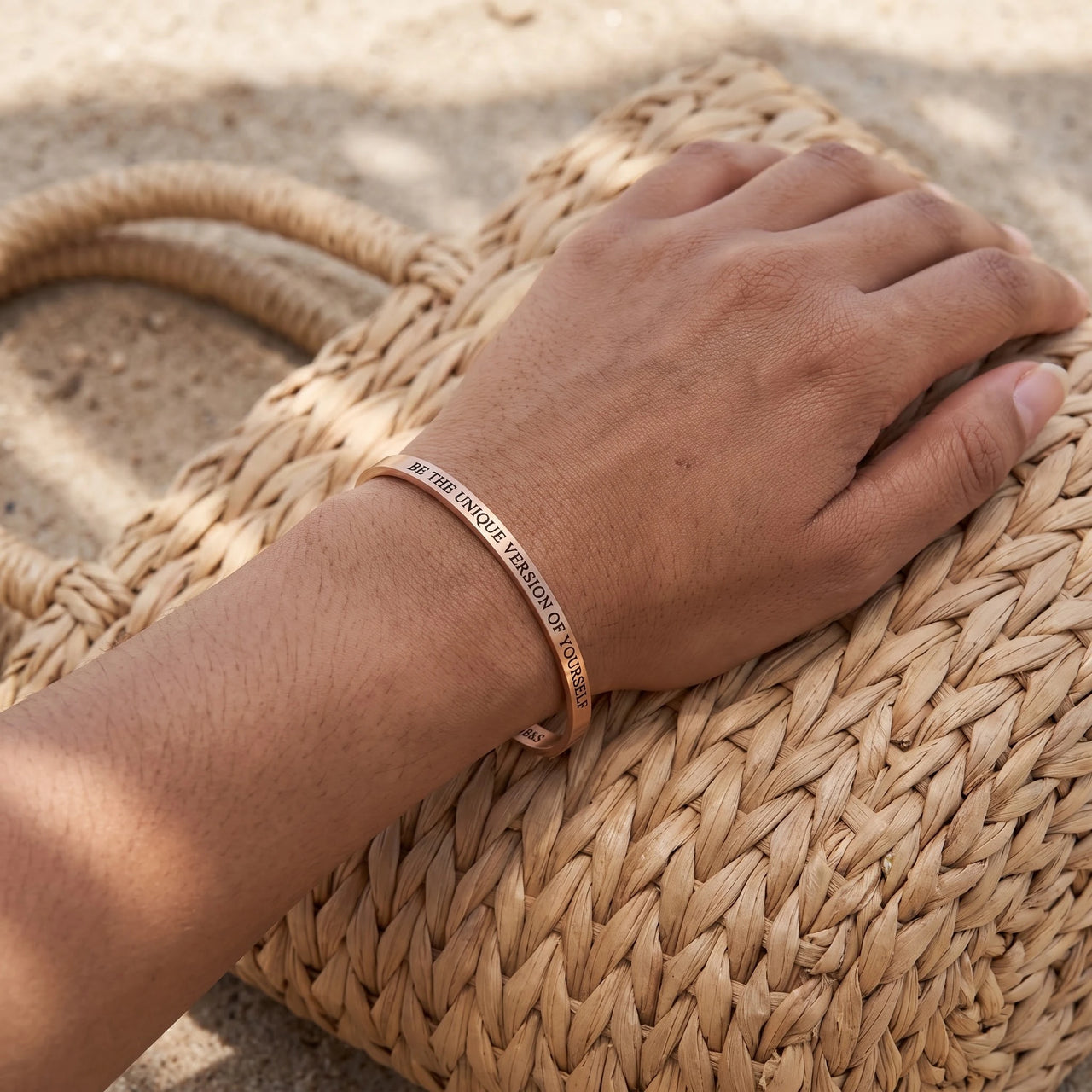 Be The Unique Version Of Yourself bracelet in rose gold worn, showing its real size | SKU: btuvoy-rg