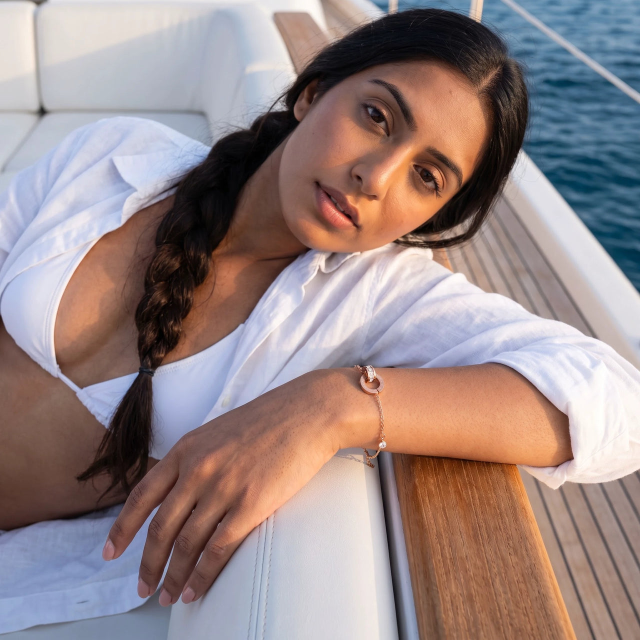 Roman numeral bracelet — worn, rose gold | SKU: 25535338-rose-gold