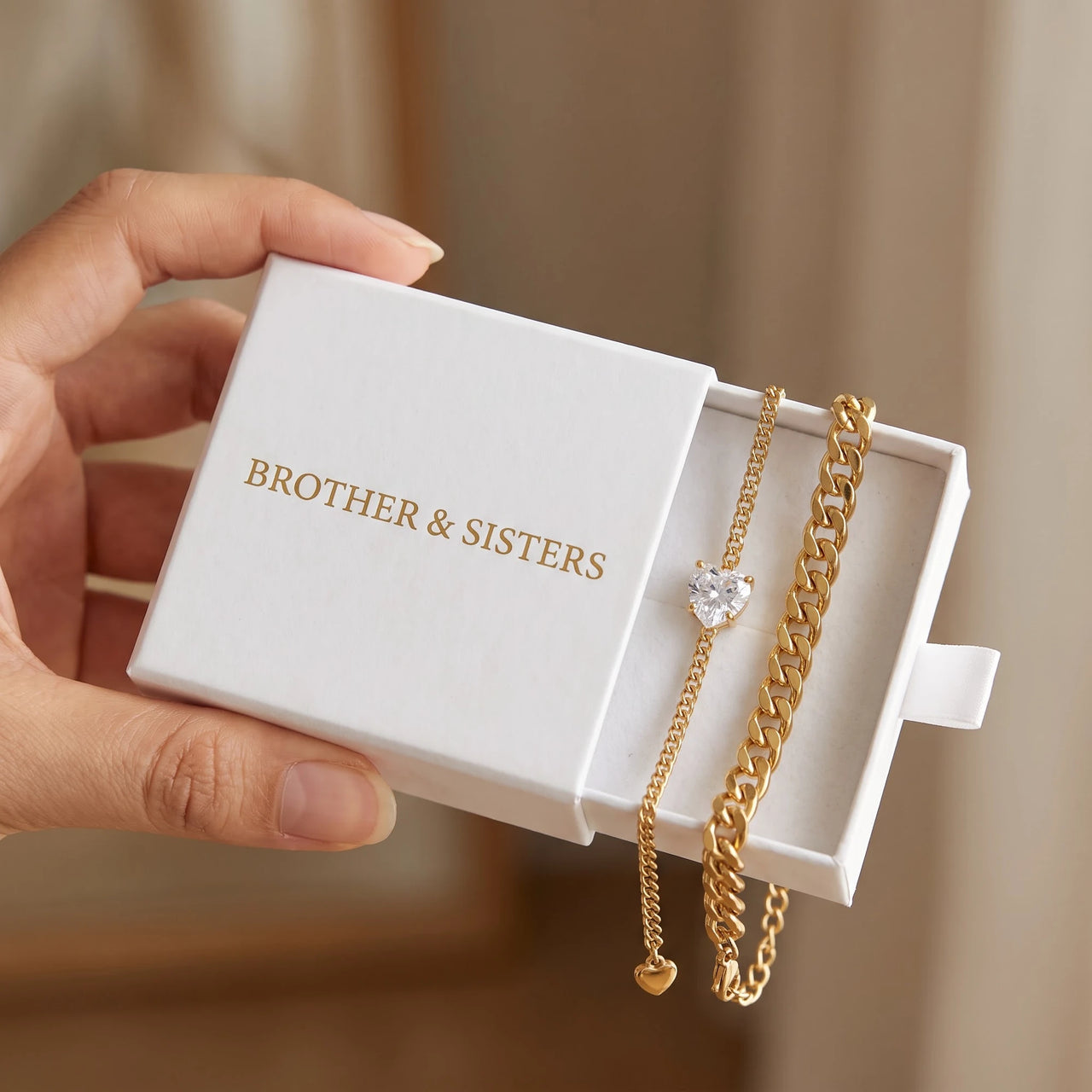 Heart Bond Matching Bracelet Set by Brother & Sisters in gold gift box