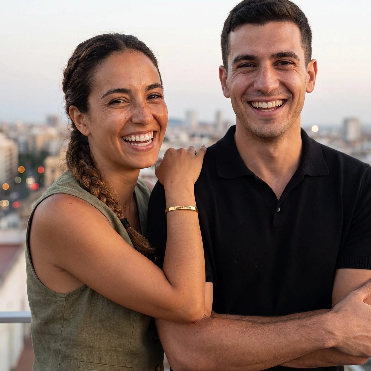 Carpe diem bracelet — worn by a couple, gold | SKU: cp-g
