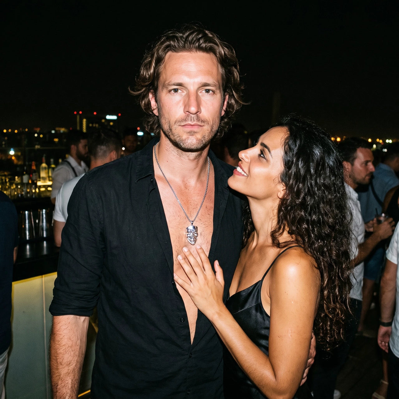 Vendetta Necklace Silver – worn by a man on a night out with his partner | Brother & Sisters | SKU: White Gold