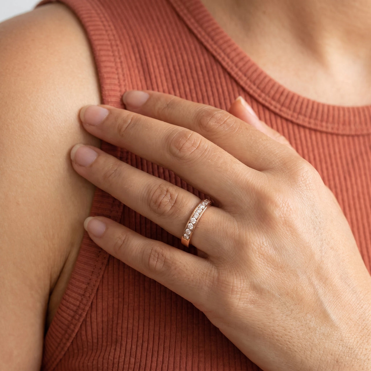 Close-up of the Engagement Ring & Crystals in rose gold worn | SKU: 25535394-6-rose-gold