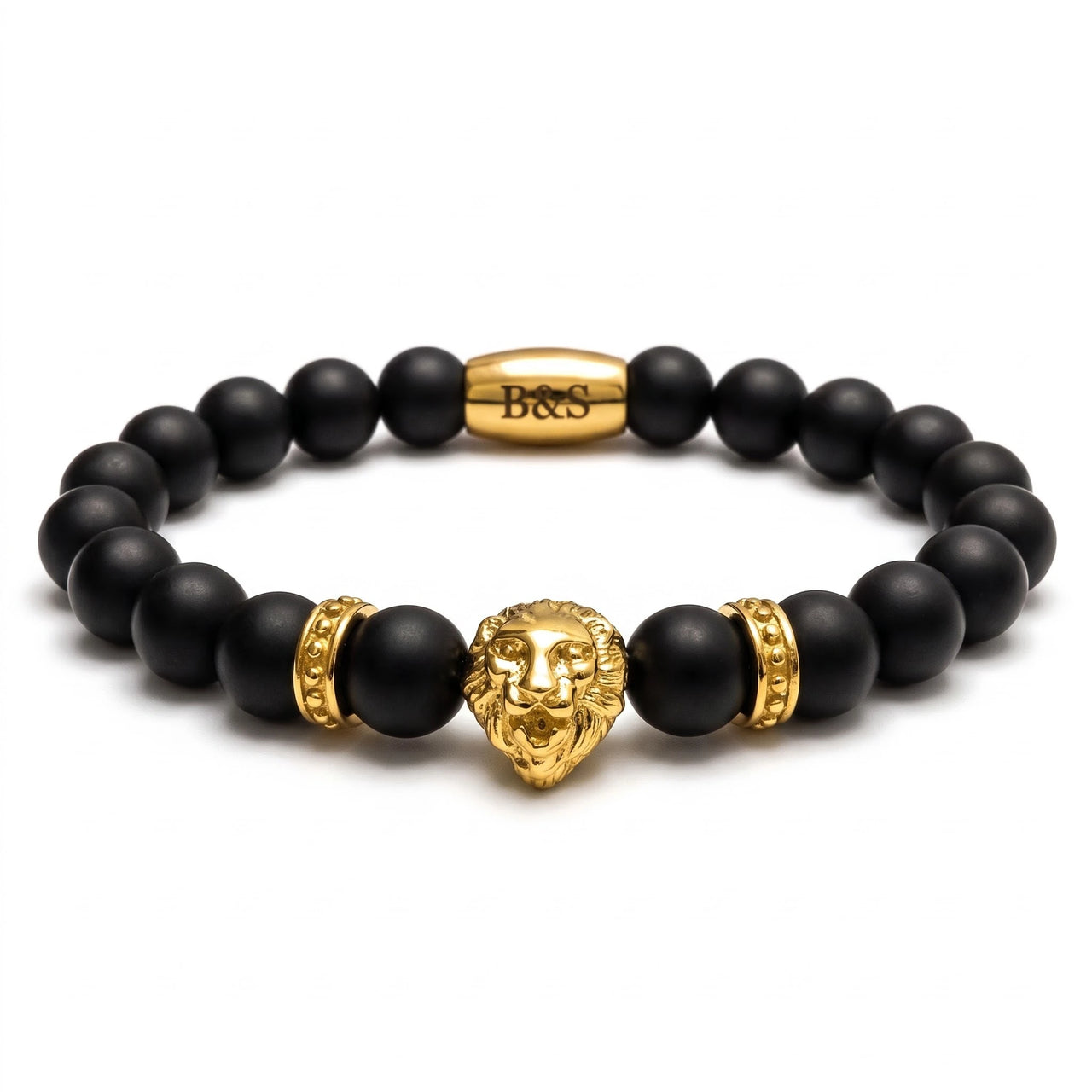 Gold Lion & Black Stones Bracelet – studio packshot | Brother & Sisters | SKU: 20712286-gold-XS-14-15, 20712286-gold-S-16-17, 20712286-gold-M-18-19, 20712286-gold-L-20-21, 20712286-gold-XL-22-23