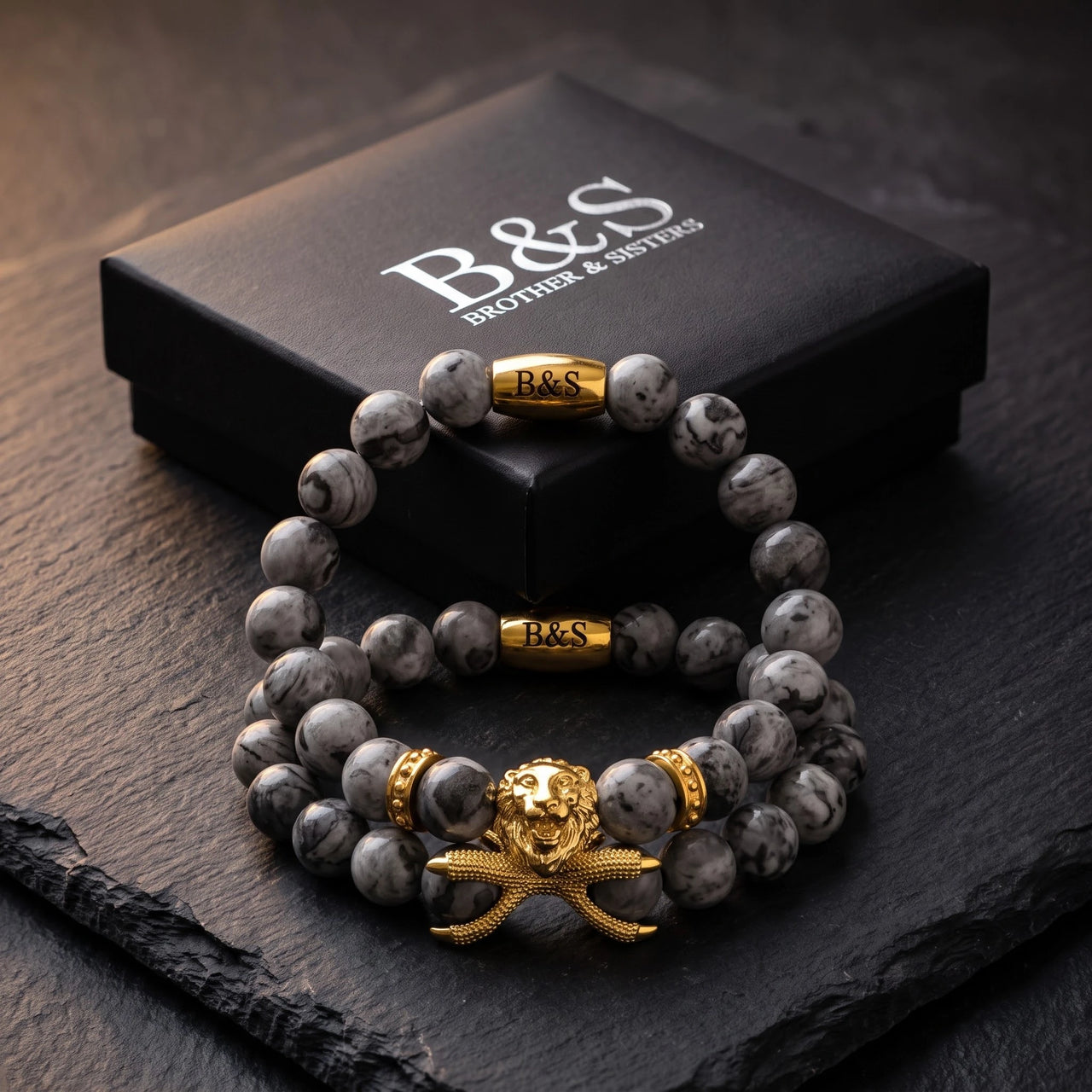 Gold Lion & Grey Stones Set – in the Brother & Sisters gift box | Brother & Sisters | SKU: 21039839SET-gold-XS-14-15, 21039839SET-gold-S-16-17, 21039839SET-gold-M-18-19, 21039839SET-gold-L-20-21, 21039839SET-gold-XL-22-23