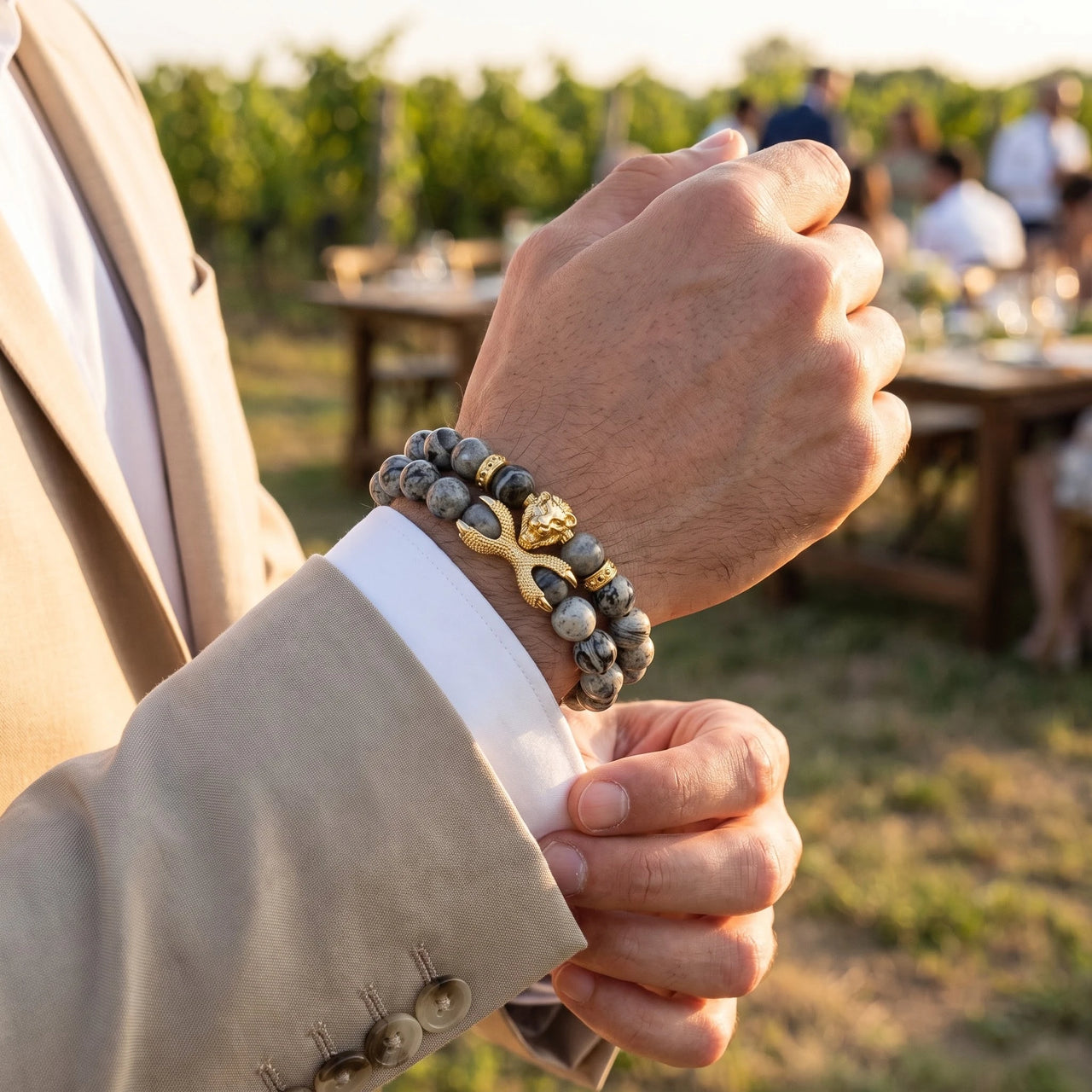 Gold Lion & Grey Stones Set – worn with a shirt cuff | Brother & Sisters | SKU: 21039839SET-gold-XS-14-15, 21039839SET-gold-S-16-17, 21039839SET-gold-M-18-19, 21039839SET-gold-L-20-21, 21039839SET-gold-XL-22-23