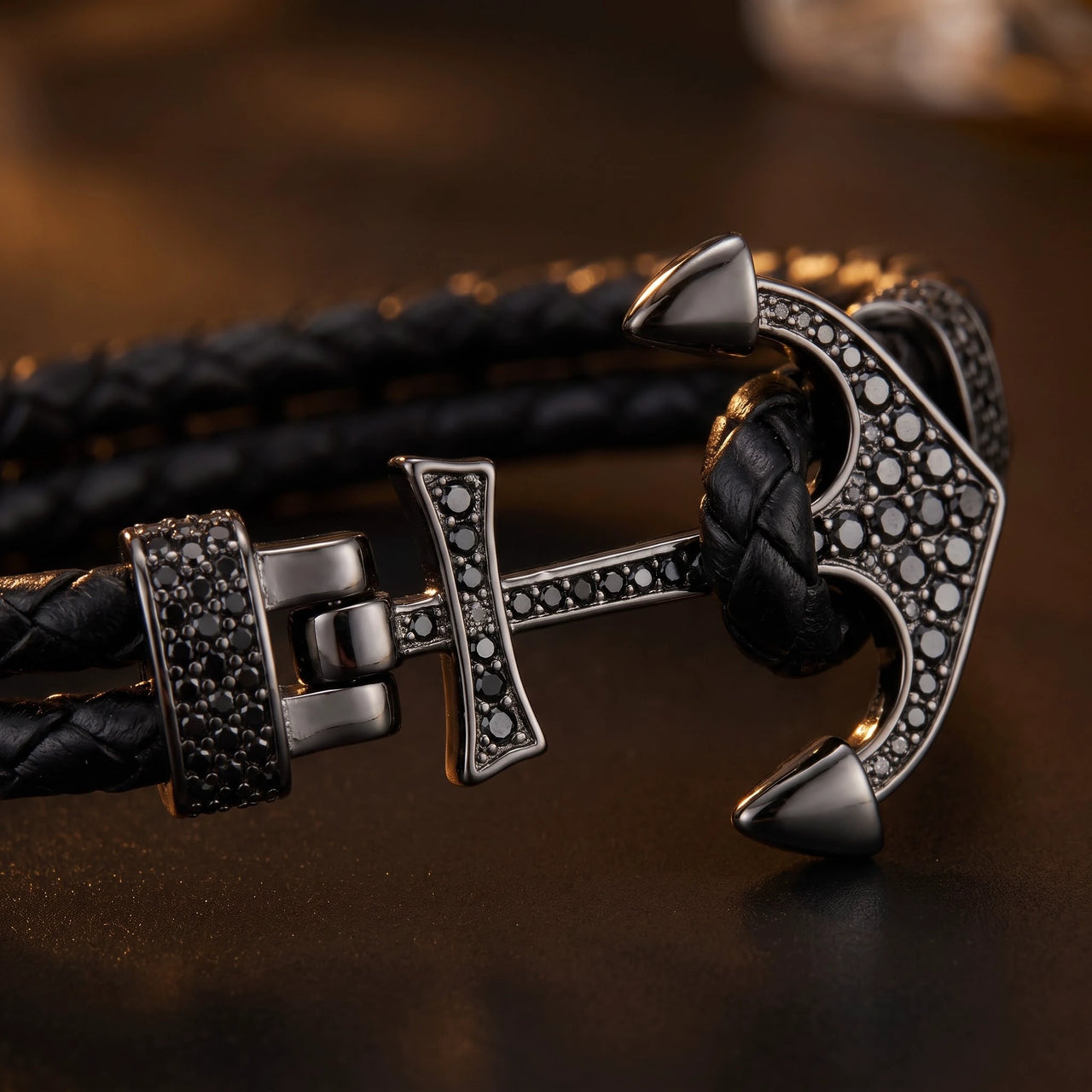 Black Anchor Bracelet – macro close-up | Brother & Sisters | SKU: 3621358-gun-black-XS-14-15, 3621358-gun-black-S-16-17, 3621358-gun-black-M-18-19, 3621358-gun-black-L-20-21, 3621358-gun-black-XL-22-23
