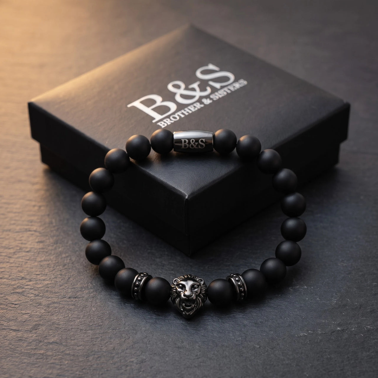 Black Lion & Black Stones Bracelet – in the Brother & Sisters gift box | Brother & Sisters | SKU: 20712286-gun-black-XS-14-15, 20712286-gun-black-S-16-17, 20712286-gun-black-M-18-19, 20712286-gun-black-L-20-21, 20712286-gun-black-XL-22-23