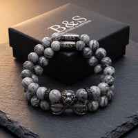 Thumbnail for Black Lion & Grey Stones Set – in the Brother & Sisters gift box | Brother & Sisters | SKU: 21039839SET-gun-black-XS-14-15, 21039839SET-gun-black-S-16-17, 21039839SET-gun-black-M-18-19, 21039839SET-gun-black-L-20-21, 21039839SET-gun-black-XL-22-23