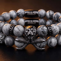 Thumbnail for Black Lion & Grey Stones Set – macro detail of the lion head | Brother & Sisters | SKU: 21039839SET-gun-black-XS-14-15, 21039839SET-gun-black-S-16-17, 21039839SET-gun-black-M-18-19, 21039839SET-gun-black-L-20-21, 21039839SET-gun-black-XL-22-23