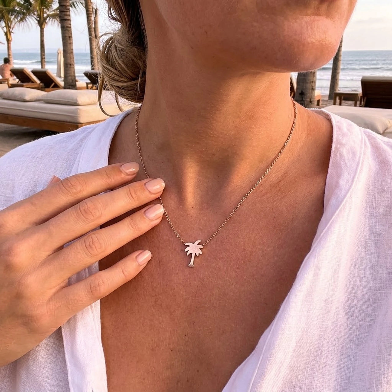 Palm tree necklace — worn, real size, rose gold | SKU: 8732822-rose-gold-color