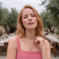 Thumbnail for Woman gently touching her rose gold necklace | SKU: 42002-rose-gold