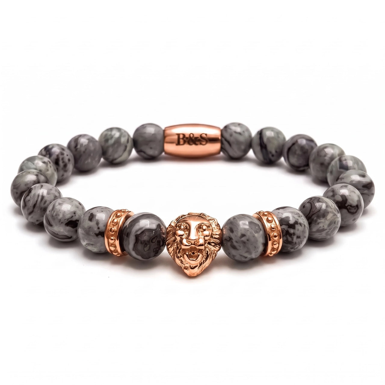 Rose Gold Lion & Grey Stones Bracelet – studio packshot | Brother & Sisters | SKU: 20866222-rose-gold-XS-14-15, 20866222-rose-gold-S-16-17, 20866222-rose-gold-M-18-19, 20866222-rose-gold-L-20-21, 20866222-rose-gold-XL-22-23
