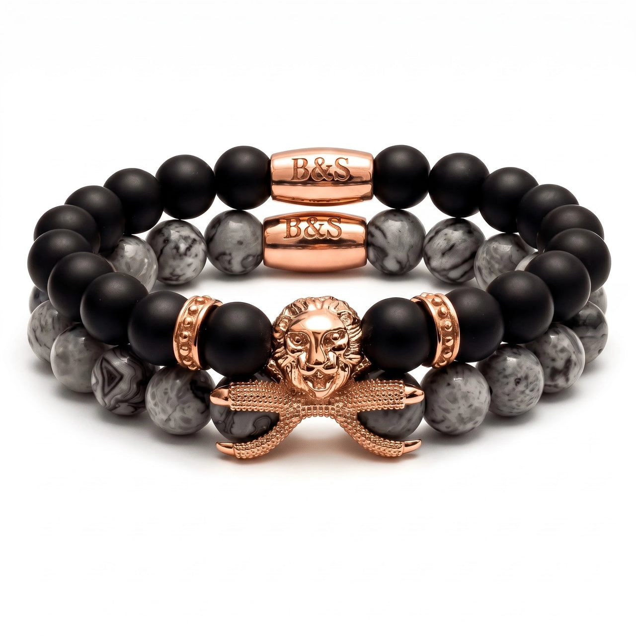 Rose Gold Lion with Black & Grey Stones Set – studio packshot | Brother & Sisters | SKU: 21369621-rose-gold-XS-14-15, 21369621-rose-gold-S-16-17, 21369621-rose-gold-M-18-19, 21369621-rose-gold-L-20-21, 21369621-rose-gold-XL-22-23
