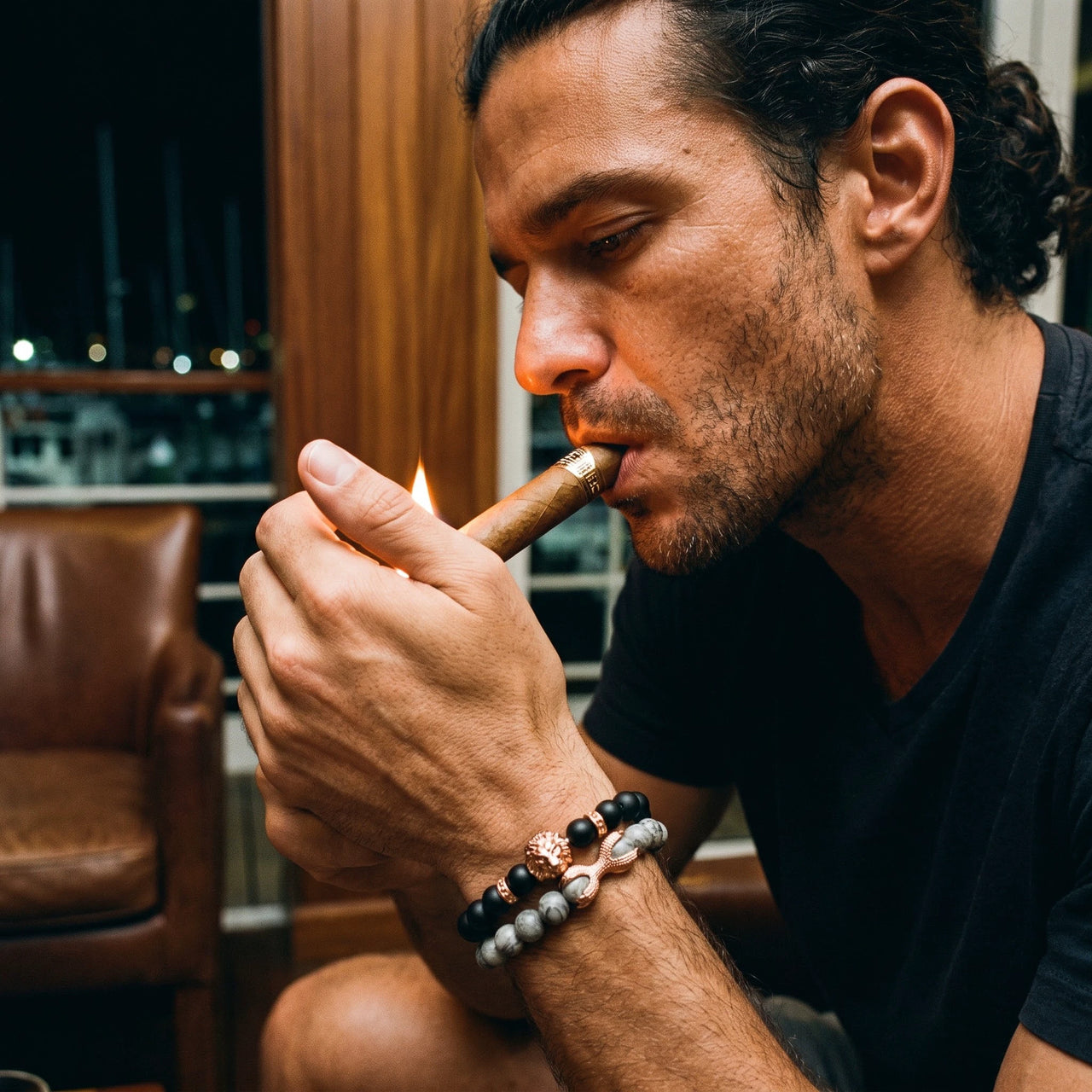 Rose Gold Lion with Black & Grey Stones Set – worn while lighting a cigar | Brother & Sisters | SKU: 21369621-rose-gold-XS-14-15, 21369621-rose-gold-S-16-17, 21369621-rose-gold-M-18-19, 21369621-rose-gold-L-20-21, 21369621-rose-gold-XL-22-23
