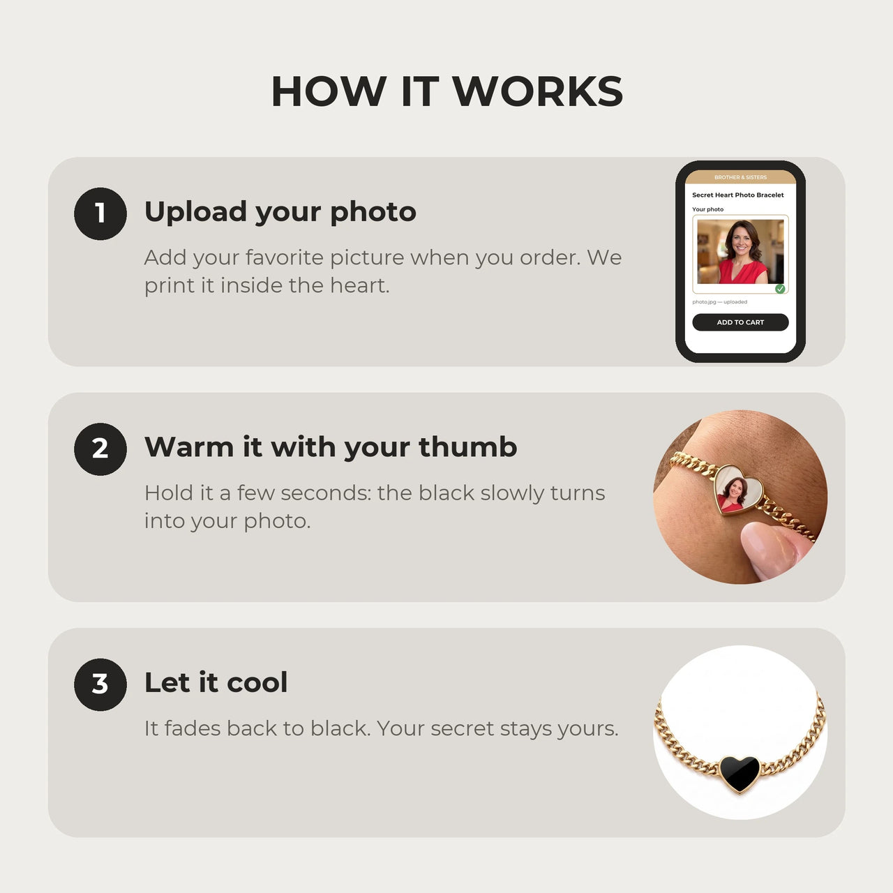 How it works: upload your photo, warm the heart charm with your thumb, let it cool back to black | SKU: TPH-HRTB-GOLD