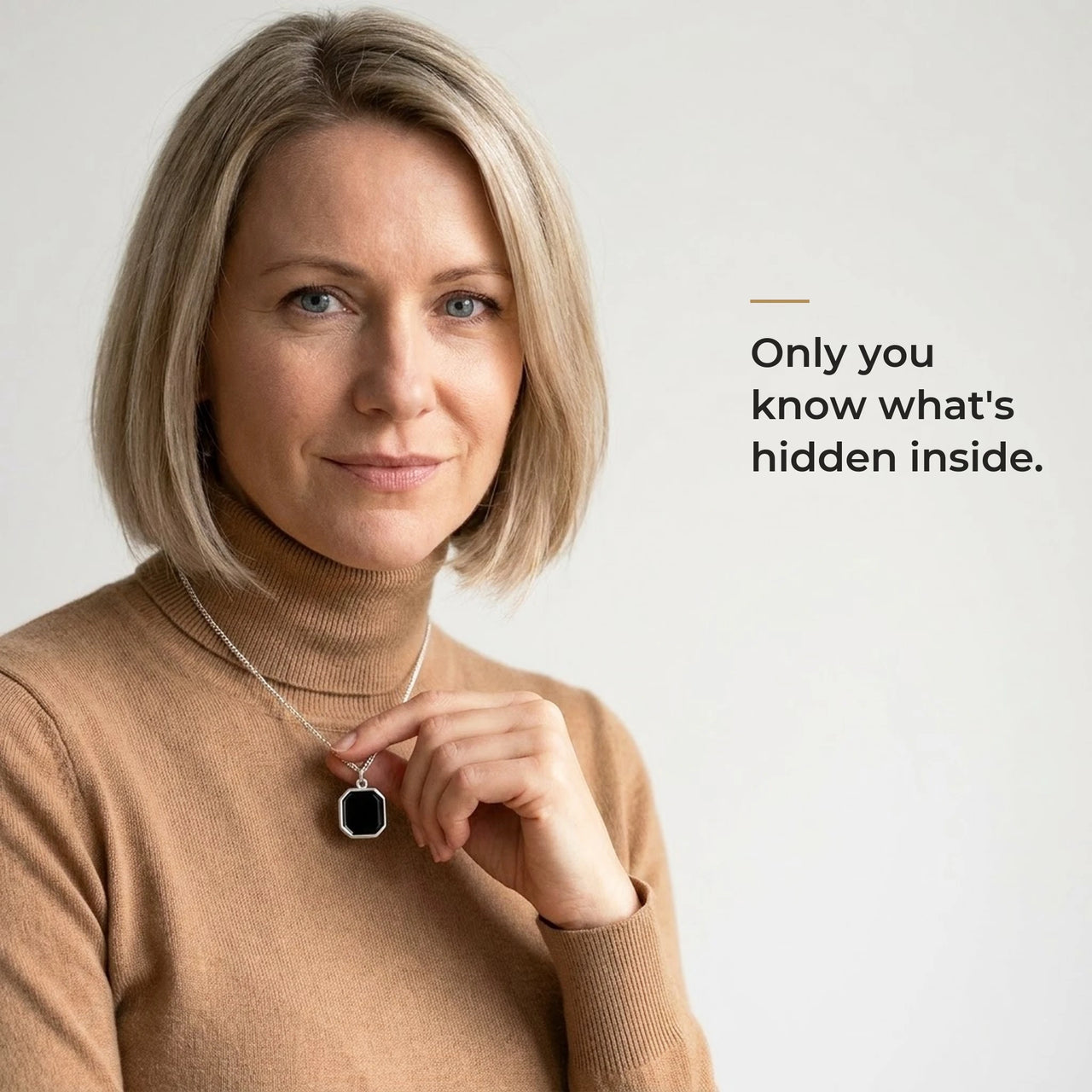 Woman wearing the black silver octagon pendant, only she knows the photo inside | SKU: TPH-OCTN-SILVER
