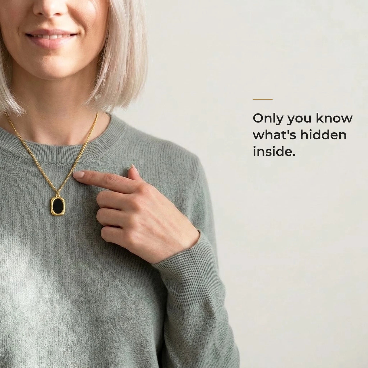 Woman wearing the black gold oval pendant, only she knows the photo inside | SKU: TPH-OVLN-GOLD