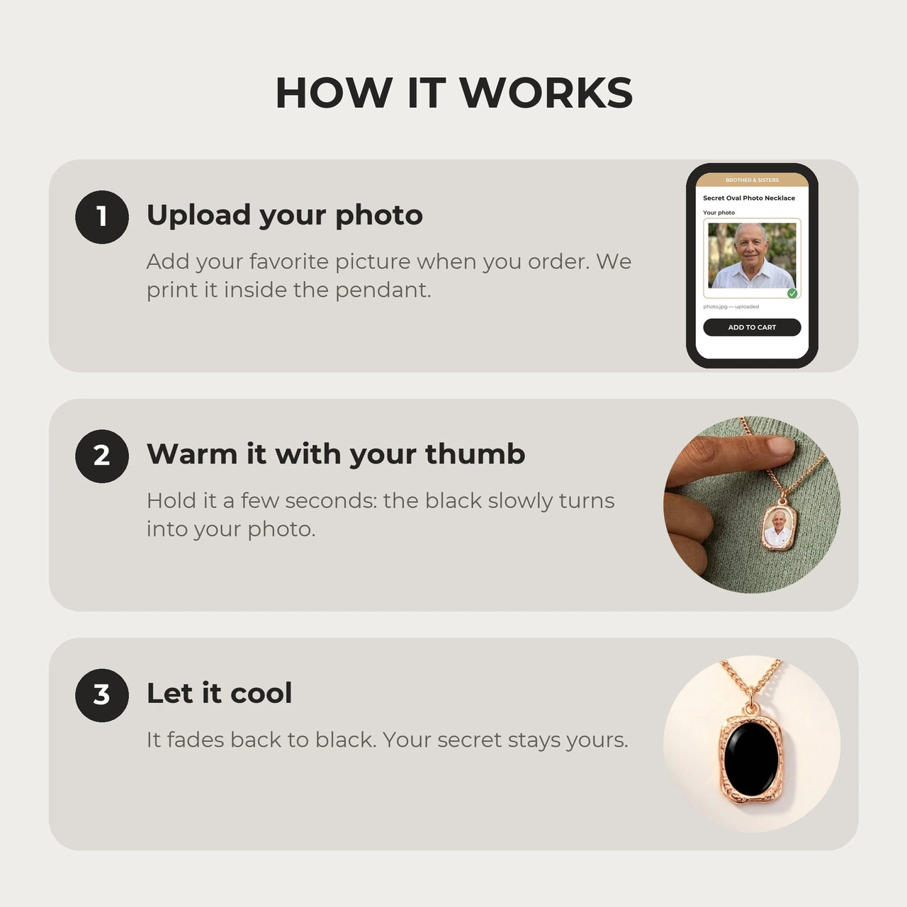 How it works: upload your photo, warm the pendant with your thumb, let it cool back to black | SKU: TPH-OVLN-ROSEGOLD
