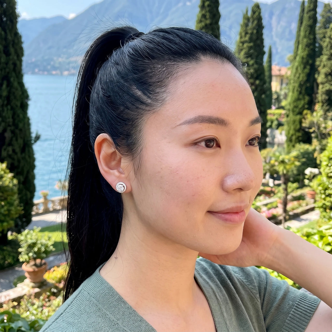 Silver stud earrings worn on a summer trip | SKU: 19991927