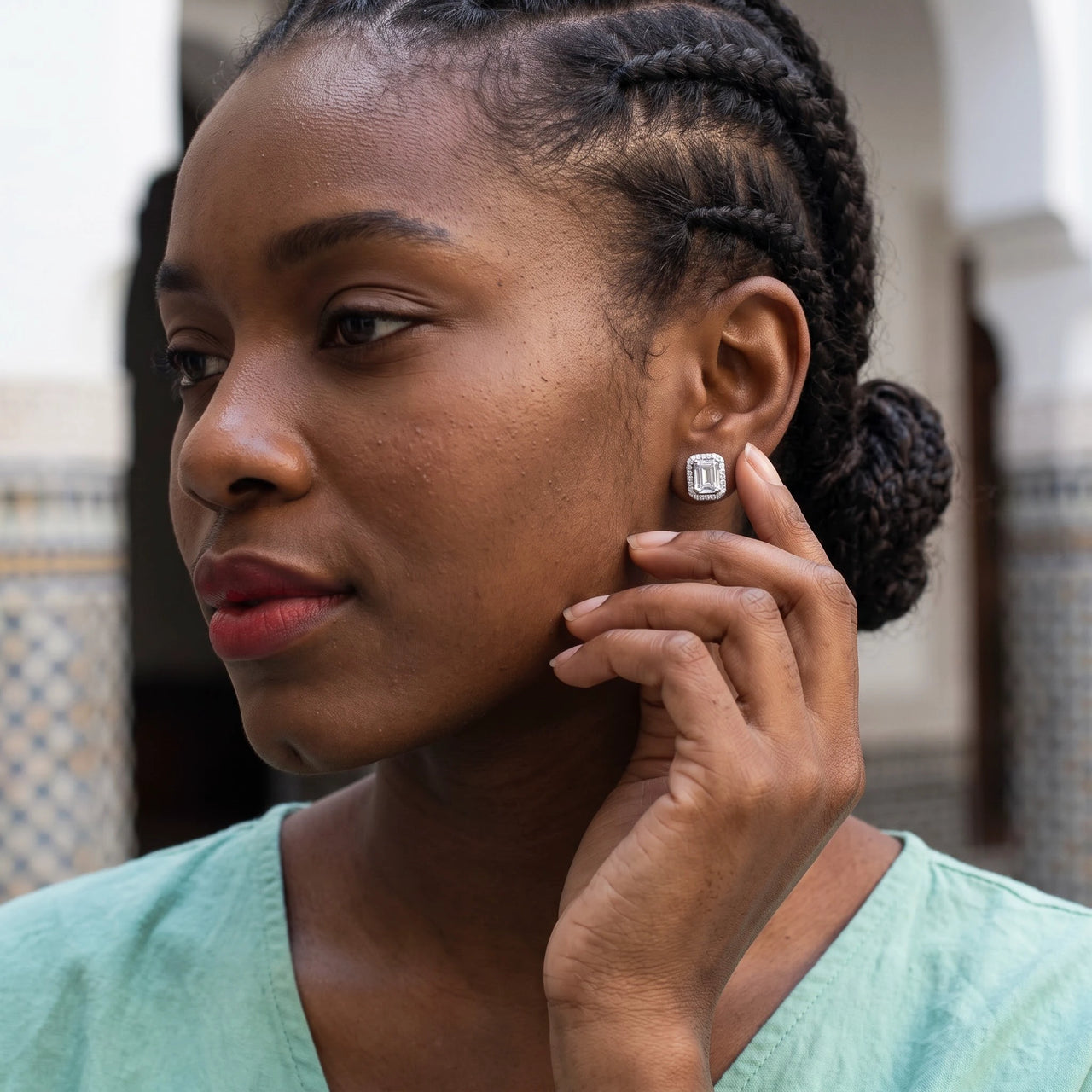 Rectangle stud earrings — worn, everyday gesture, silver | SKU: 22683128