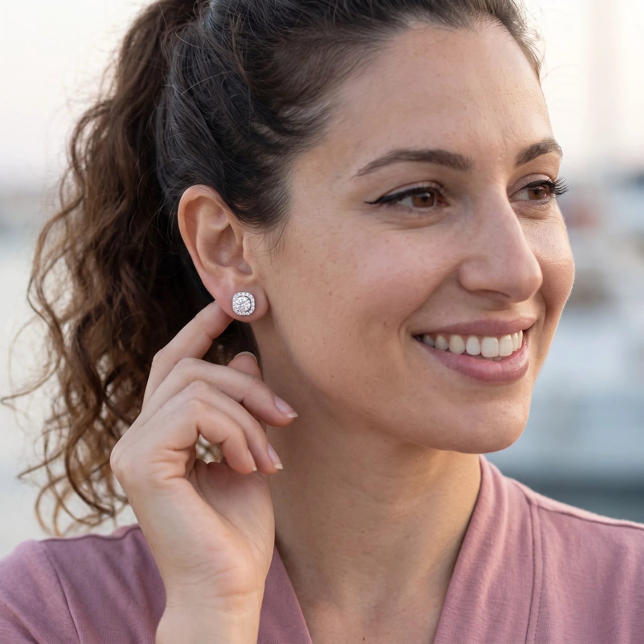 Square stud earrings — worn, everyday gesture, silver | SKU: 505263