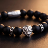 Thumbnail for White Gold Lion & Black Stones Bracelet – macro detail of the lion head | Brother & Sisters | SKU: 20712286-silver-XS-14-15, 20712286-silver-S-16-17, 20712286-silver-M-18-19, 20712286-silver-L-20-21, 20712286-silver-XL-22-23